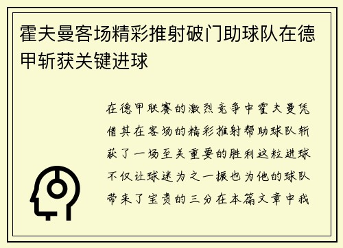 霍夫曼客场精彩推射破门助球队在德甲斩获关键进球