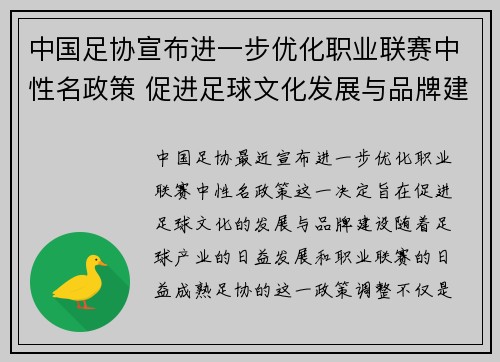 中国足协宣布进一步优化职业联赛中性名政策 促进足球文化发展与品牌建设 中国足协宣布进一步优化职业联赛中性名政策 促进足球文化发展与品牌建设