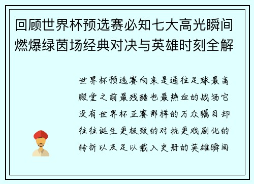 回顾世界杯预选赛必知七大高光瞬间燃爆绿茵场经典对决与英雄时刻全解析